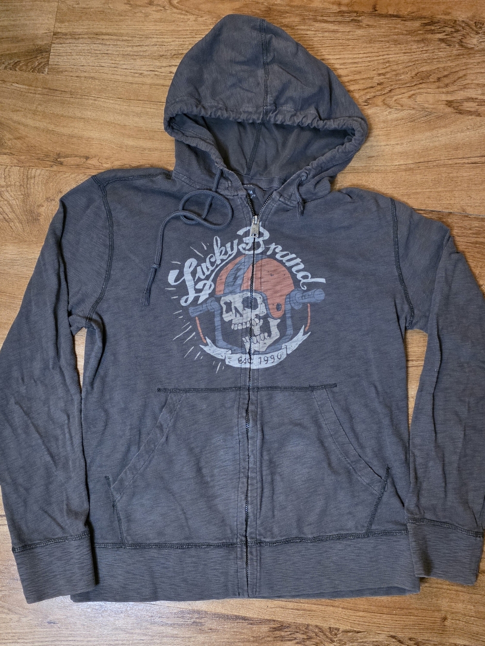 Original California Lucky Brand Grey Skull Graphic Full Zip Hoodie